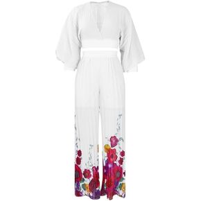 Temperament Chiffon V-Neck Pleated Top Printed Wide Leg Pants Set(White,XX-Large) in Kuwait
