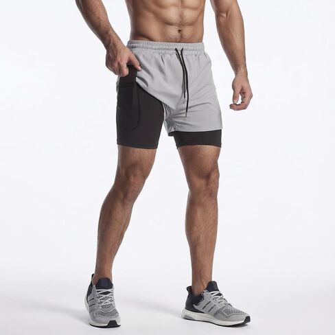 2 in 1 Running Shorts for Men, Quick Dry Athletic Workout Shorts with Liner, Zip Pockets, Drawstring Waist, Towel Loop in Saudi Arabia