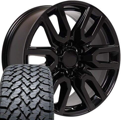 إطارات وإطارات OE Wheels CV36 مقاس 20 بوصة تناسب طراز Sierra 1500 6x139.7 20x9 أسود لامع - هولاندر 5914 - TS-37 AT 275/55-20 (مجموعة من 4) in Saudi Arabia