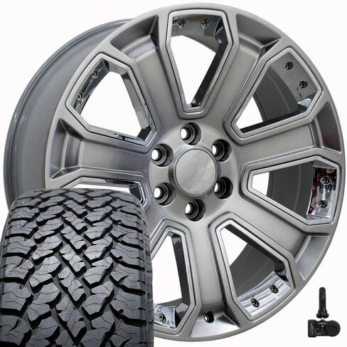 إطارات وإطارات OE Wheels CV93B مقاس 22 بوصة تناسب Silverado 1500 Style 6x139.7 22x9 أسود لامع مع إدراج كروم - هولاندر 5660 - TS-37 AT 285/45-22 (مجموعة من 4) in Saudi Arabia