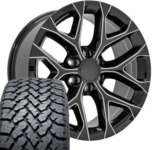 OE Wheels CV98 20 Inch Rims and Tires Fit Silverado 1500 Snowflake Style 6x139.7 20x9 Gloss Black with Milled Edge - Hollander 5668 - TS-37 AT 275/55-20 (Set of 4) in Saudi Arabia