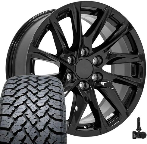إطارات وإطارات OE Wheels CA90 مقاس 20 بوصة تناسب طراز Escalade 6x139.7 20x9 أسود لامع - هولاندر 4875 - TS-37 AT 275/55-20 (مجموعة من 4) in Saudi Arabia