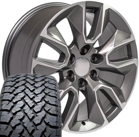 OE Wheels CV32 20 Inch Rims and Tires Fit Silverado 1500 RST Style 6x139.7 20x9 Gloss Gunmetal Machined - Hollander 5916 - TS-37 AT 275/55-20 (Set of 4) in Saudi Arabia