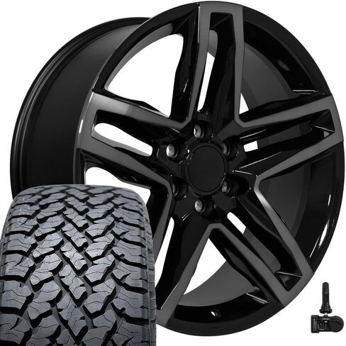 OE Wheels CV34 22 Inch Rims and Tires Fit Silverado 1500 Trail Boss Style 6x139.7 22x9 Gloss Black Machined with Tinted Clear - Hollander 5911 - TS-37 AT 285/45-22 (Set of 4) in Saudi Arabia