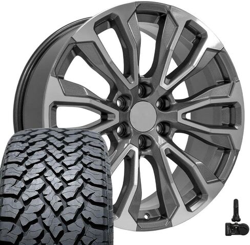 OE Wheels CV30 22 Inch Rims and Tires Fit Yukon Denali Style 6x139.7 22x9 Gloss Gunmetal Machined - Hollander 14025 - TS-37 AT 285/45-22 (Set of 4) in Saudi Arabia