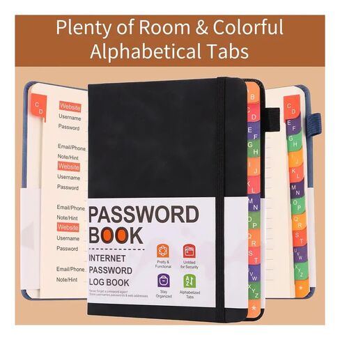 Black Password Book with Colorful Alphabetical Tabs, Password Books for Seniors, for Computer and Internet Address Website Login in Saudi Arabia