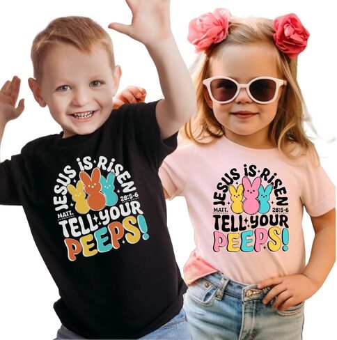 Jesus is Risen Tell Your Peeps Kids Easter Shirt Christian Faith Based Boys Girls Tee Easter Basket Gift Church Sunday Outfit White in Kuwait