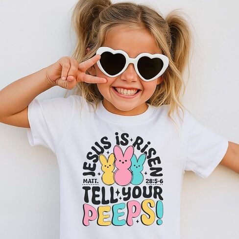 Jesus is Risen Tell Your Peeps Kids Easter Shirt Christian Faith Based Boys Girls Tee Easter Basket Gift Church Sunday Outfit White in Kuwait
