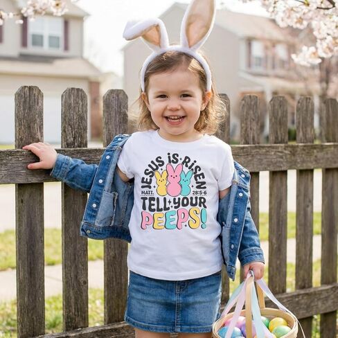 Jesus is Risen Tell Your Peeps Kids Easter Shirt Christian Faith Based Boys Girls Tee Easter Basket Gift Church Sunday Outfit White in Kuwait