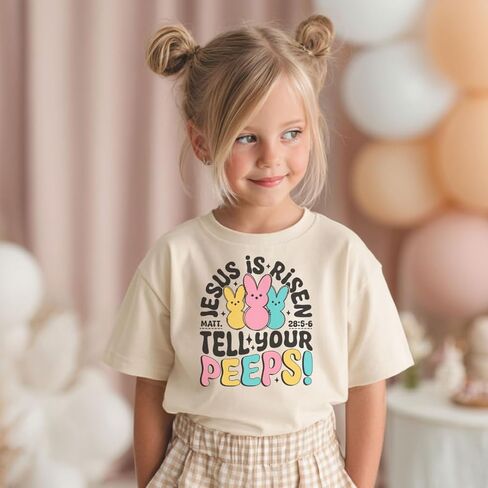Jesus is Risen Tell Your Peeps Kids Easter Shirt Christian Faith Based Boys Girls Tee Easter Basket Gift Church Sunday Outfit White in Kuwait