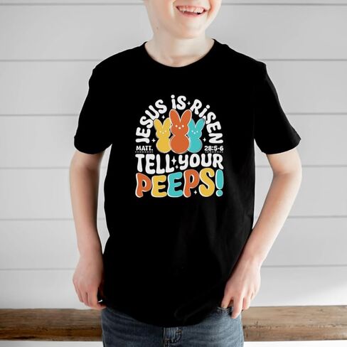 Jesus is Risen Tell Your Peeps Kids Easter Shirt Christian Faith Based Boys Girls Tee Easter Basket Gift Church Sunday Outfit White in Kuwait