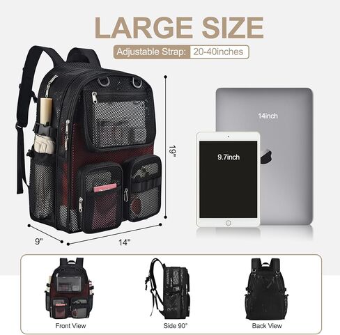 حقيبة ظهر شبكية للمدرسة، 39 لترًا كبيرة شديدة التحمل شفافة من خلال شبكة مدرسية للبنات والأولاد والأطفال، حقيبة كتب شبكية شبه شفافة للعمل والرياضة والسفر مع أشرطة مبطنة (أسود) in Kuwait