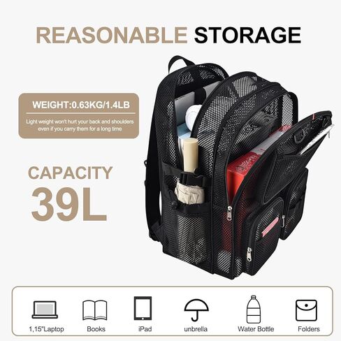 حقيبة ظهر شبكية للمدرسة، 39 لترًا كبيرة شديدة التحمل شفافة من خلال شبكة مدرسية للبنات والأولاد والأطفال، حقيبة كتب شبكية شبه شفافة للعمل والرياضة والسفر مع أشرطة مبطنة (أسود) in Kuwait