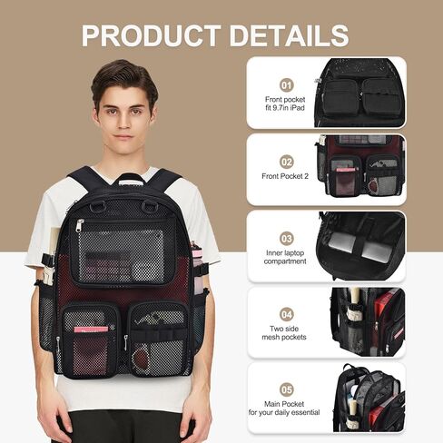 حقيبة ظهر شبكية للمدرسة، 39 لترًا كبيرة شديدة التحمل شفافة من خلال شبكة مدرسية للبنات والأولاد والأطفال، حقيبة كتب شبكية شبه شفافة للعمل والرياضة والسفر مع أشرطة مبطنة (أسود) in Kuwait