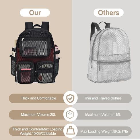 حقيبة ظهر شبكية للمدرسة، 39 لترًا كبيرة شديدة التحمل شفافة من خلال شبكة مدرسية للبنات والأولاد والأطفال، حقيبة كتب شبكية شبه شفافة للعمل والرياضة والسفر مع أشرطة مبطنة (أسود) in Kuwait