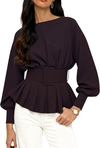 EsheSy Women's Peplum Sweatshirt Long Sleeve Boat Neck Pleated Top Dressy Casual Pullover Tunics Bussiness Shirts with Belt in Kuwait