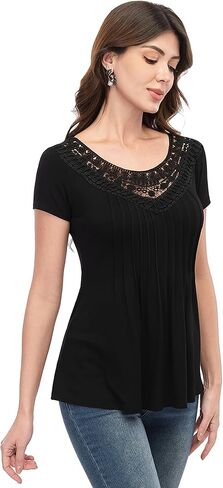 AmélieBoutik Women Casual Summer Tops Short Sleeve Lace Pleated Blouse Tunic Tops in Saudi Arabia
