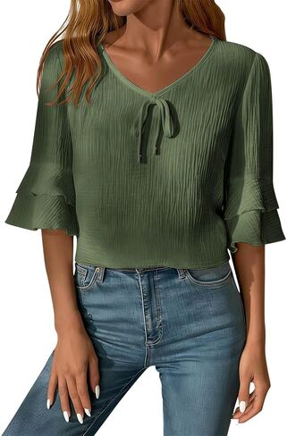 Cotton Shirts for Women 2026 Trendy Ruffle Sleeve V Neck Summer Blouses Dressy Casual Beach Gauze Tunic Tops Outfits in Saudi Arabia