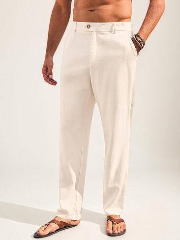 Mens Casual Pants Elastic Waist Beach Yoga Trousers Linen Lightweight Straight-Legs Loose Fit Summer in Saudi Arabia