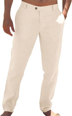 Mens Casual Pants Elastic Waist Beach Yoga Trousers Linen Lightweight Straight-Legs Loose Fit Summer in Saudi Arabia