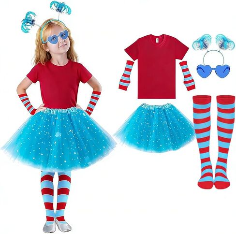ZGDG Girls 6PCS Tulle Tutu Skirt Accessories Set, Red T Shirt, Striped Thigh High Sock in Kuwait