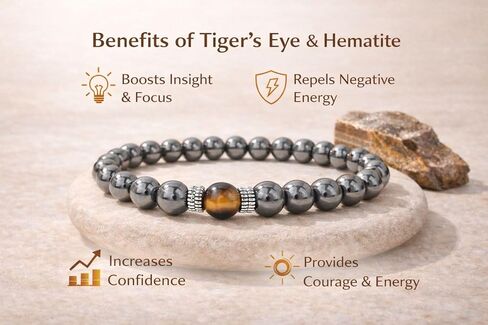 Hematite & Tiger Eye Bracelet – 8mm Natural Stone Beads, 8 Inch Stretch – Protection, Grounding & Balance Jewelry for Men & Women, Spiritual Healing Gift for Birthday, Christmas, Anniversary in Saudi Arabia