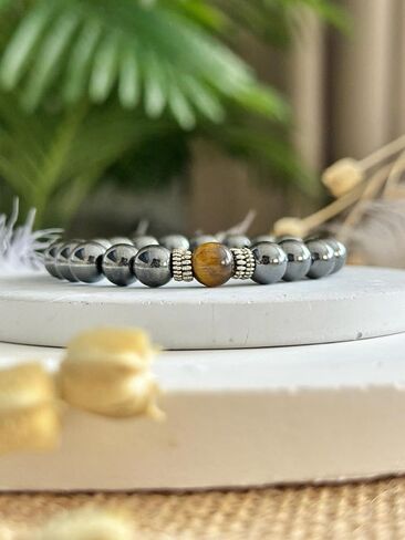 Hematite & Tiger Eye Bracelet – 8mm Natural Stone Beads, 8 Inch Stretch – Protection, Grounding & Balance Jewelry for Men & Women, Spiritual Healing Gift for Birthday, Christmas, Anniversary in Saudi Arabia