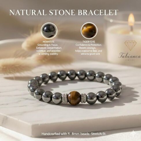 Hematite & Tiger Eye Bracelet – 8mm Natural Stone Beads, 8 Inch Stretch – Protection, Grounding & Balance Jewelry for Men & Women, Spiritual Healing Gift for Birthday, Christmas, Anniversary in Saudi Arabia