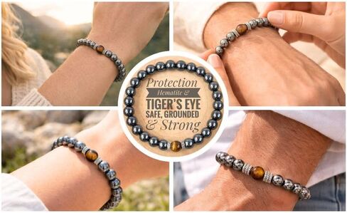Hematite & Tiger Eye Bracelet – 8mm Natural Stone Beads, 8 Inch Stretch – Protection, Grounding & Balance Jewelry for Men & Women, Spiritual Healing Gift for Birthday, Christmas, Anniversary in Saudi Arabia