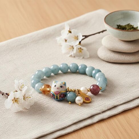 Easter Basket Stuffers for Teens Blue Crystal Luck Cat Bracelet and Ceramic Cat Ornament, Feng Shui Bracelet for Women Protection Positive Energy Lucky Jewelry Gifts in Saudi Arabia
