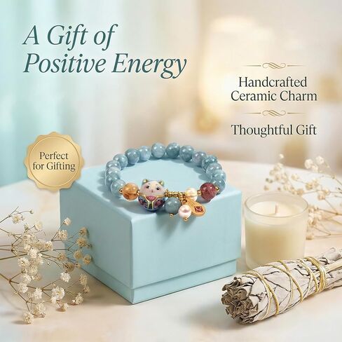 Easter Basket Stuffers for Teens Blue Crystal Luck Cat Bracelet and Ceramic Cat Ornament, Feng Shui Bracelet for Women Protection Positive Energy Lucky Jewelry Gifts in Saudi Arabia