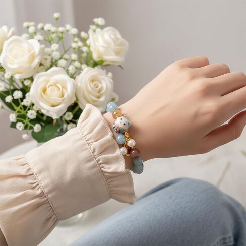 Easter Basket Stuffers for Teens Blue Crystal Luck Cat Bracelet and Ceramic Cat Ornament, Feng Shui Bracelet for Women Protection Positive Energy Lucky Jewelry Gifts in Saudi Arabia