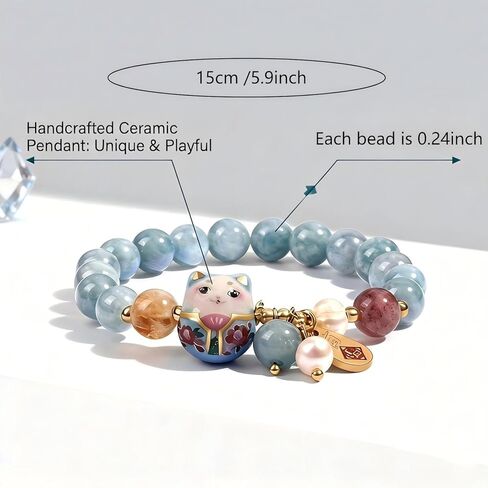 Easter Basket Stuffers for Teens Blue Crystal Luck Cat Bracelet and Ceramic Cat Ornament, Feng Shui Bracelet for Women Protection Positive Energy Lucky Jewelry Gifts in Saudi Arabia