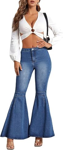 WDIRARA Women's Flare Leg Jeans Bell Bottom Ruffle Hem High Waisted Denim Pants in Saudi Arabia