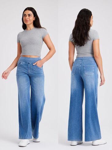 Stretch Wide Leg Jeans for Women High Waist Pull On Jeans Denim Pants Loose Jeggings in Saudi Arabia