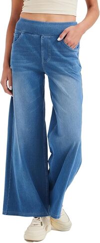 Stretch Wide Leg Jeans for Women High Waist Pull On Jeans Denim Pants Loose Jeggings in Saudi Arabia