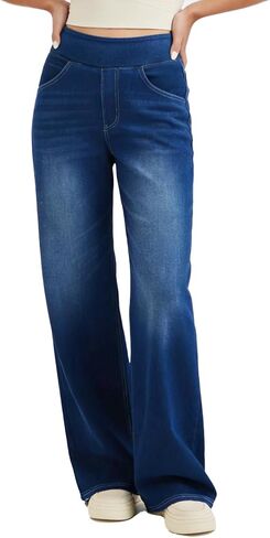 Stretch Wide Leg Jeans for Women High Waist Pull On Jeans Denim Pants Loose Jeggings in Saudi Arabia