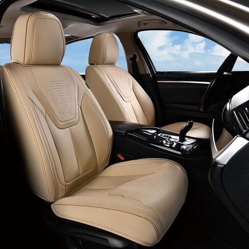 أغطية مقاعد السيارات من فلوريش، مجموعة كاملة من أغطية مقاعد السيارة باللون البيج، واقيات مقاعد السيارات الفاخرة من جلد نابا الصناعي، وسائد مقاعد السيارة تناسب معظم شاحنات السيدان وسيارات الدفع الرباعي - بيج in Kuwait