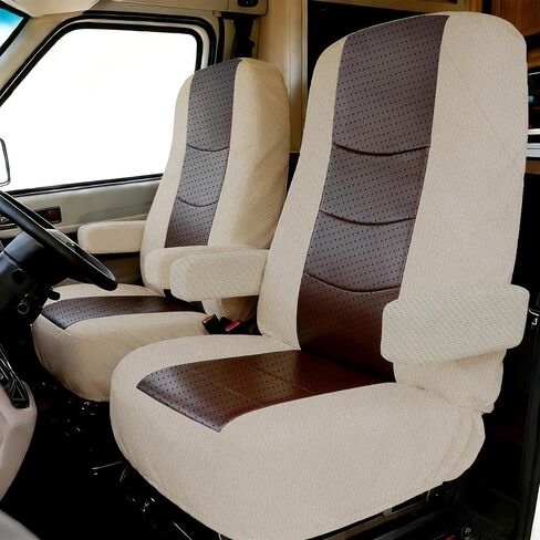 قطعتان من أغطية مقاعد RV الشبكية المحبوكة شديدة التحمل لكراسي الكابتن وأغطية مقاعد المنزل المتنقل للفئة A مع جيوب تخزين جانبية مع جلد في المنتصف وقماش على الجانبين، تصميم مناسب عالمي باللون الأصفر in Kuwait
