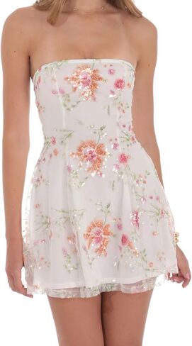 Women's Sequin Mini Dress Strapless Backless Tube Dress Floral Embroidery Summer Cocktail Party Streetwear Dress in Saudi Arabia