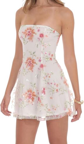 Women's Sequin Mini Dress Strapless Backless Tube Dress Floral Embroidery Summer Cocktail Party Streetwear Dress in Saudi Arabia