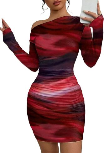 Acelitt فستان مكشوف الكتفين للنساء 2026 ربطة عنق صبغ شبكي كم طويل مكشكش Bodycon فساتين حفلات الكوكتيل الصغيرة in Saudi Arabia