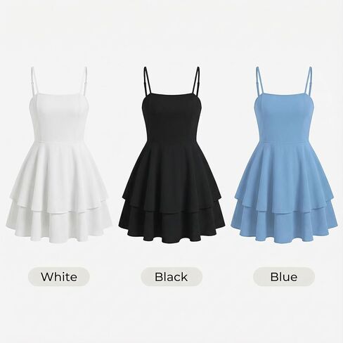 Women’s Sleeveless Spaghetti Strap Layered Ruffle Mini Dress Square Neck Flowy A-Line Cocktail Party Dress in Saudi Arabia