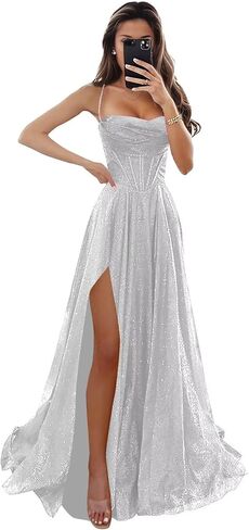 مشد فساتين حفلة موسيقية طويلة للنساء سباركلي بريق ألف خط السباغيتي الأشرطة فستان سهرة رسمي مع شق in Kuwait