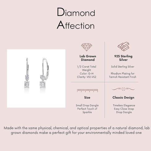 1/2 Cttw Lab Created Emerald Cut Diamond Dangle Earrings for Women Drop Lever Back Rhodium Plated 925 Sterling Silver in Saudi Arabia