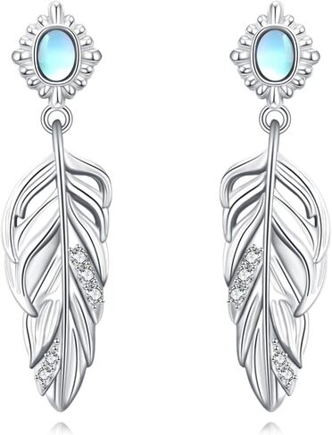POPLYKE Moonstone Feather Earrings for Women 925 Sterling Silver Feather Dangling Earrings Feather Jewerly for Women in Saudi Arabia