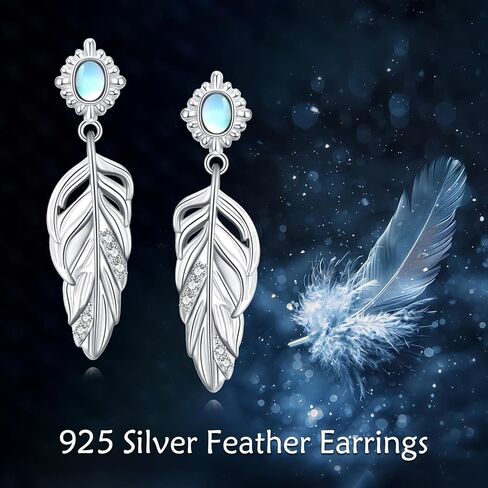 POPLYKE Moonstone Feather Earrings for Women 925 Sterling Silver Feather Dangling Earrings Feather Jewerly for Women in Saudi Arabia
