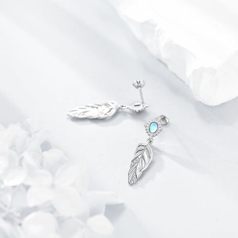 POPLYKE Moonstone Feather Earrings for Women 925 Sterling Silver Feather Dangling Earrings Feather Jewerly for Women in Saudi Arabia