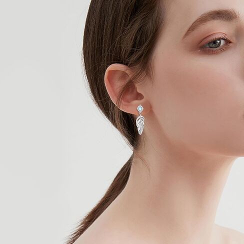POPLYKE Moonstone Feather Earrings for Women 925 Sterling Silver Feather Dangling Earrings Feather Jewerly for Women in Saudi Arabia
