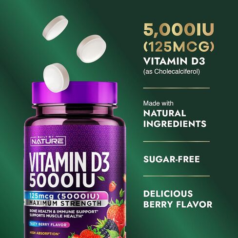 بنيت بواسطة الطبيعة فيتامين D3 القابل للمضغ 5000 وحدة دولية - مضغ مكمل فيتامين د - خالي من السكر ونكهة التوت الطبيعية - 60 قرصًا in Kuwait